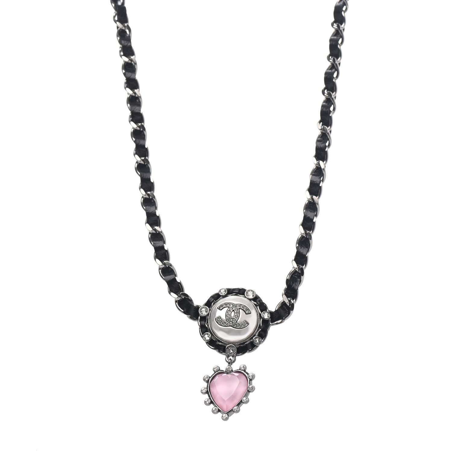 Chanel Lambskin Crystal Heart Choker Necklace Black Silver Pink 1 of 4