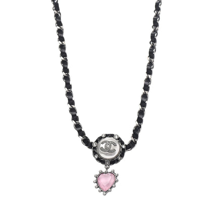 Chanel Lambskin Crystal Heart Choker Necklace Black Silver Pink 1 of 4