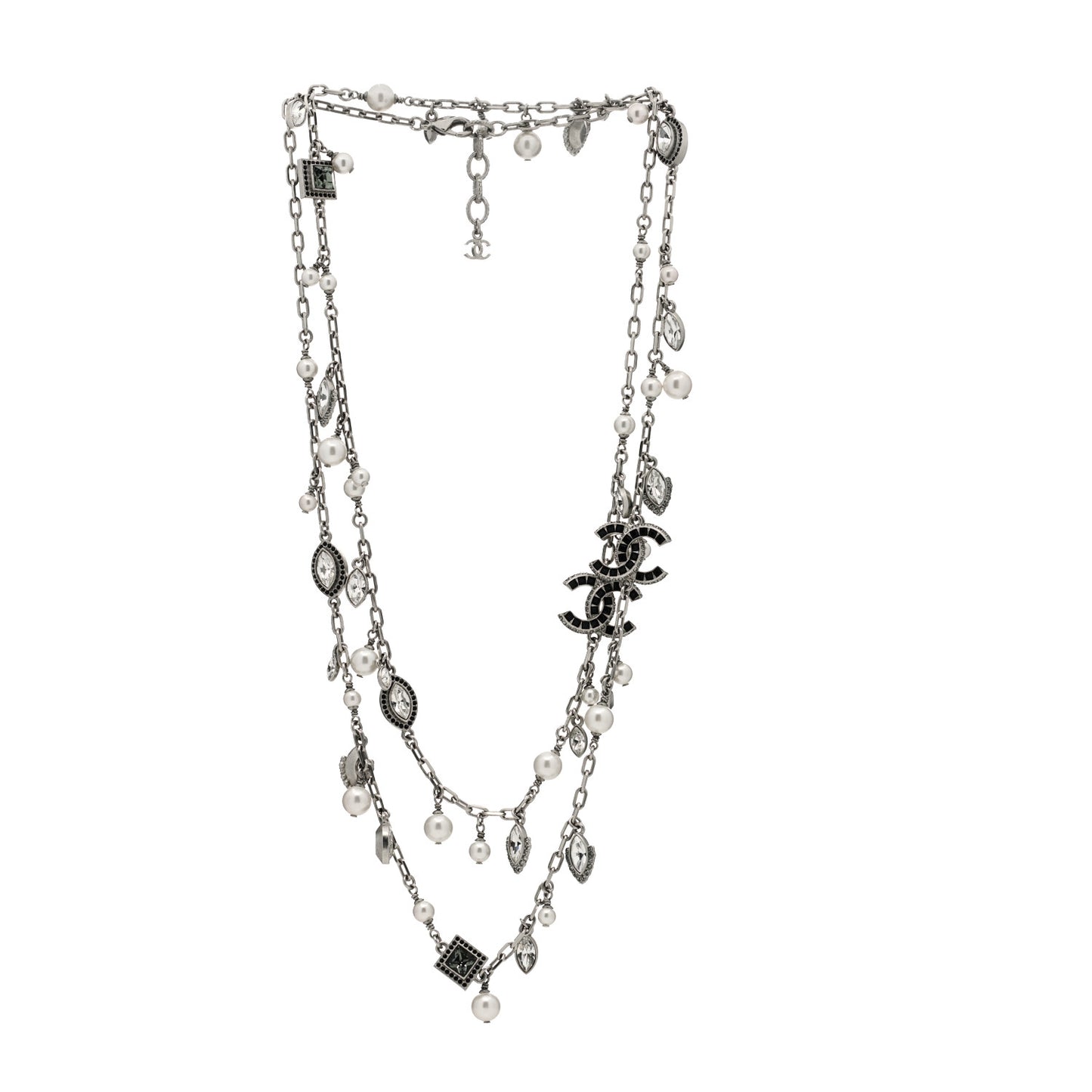 Crystal Pearl CC Long Necklace Silver Grey