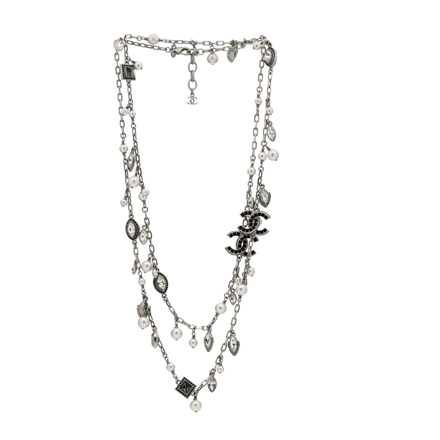 Chanel Crystal Pearl CC Long Necklace Silver Grey 3 of 5