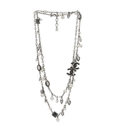 Chanel Crystal Pearl CC Long Necklace Silver Grey 3 of 5