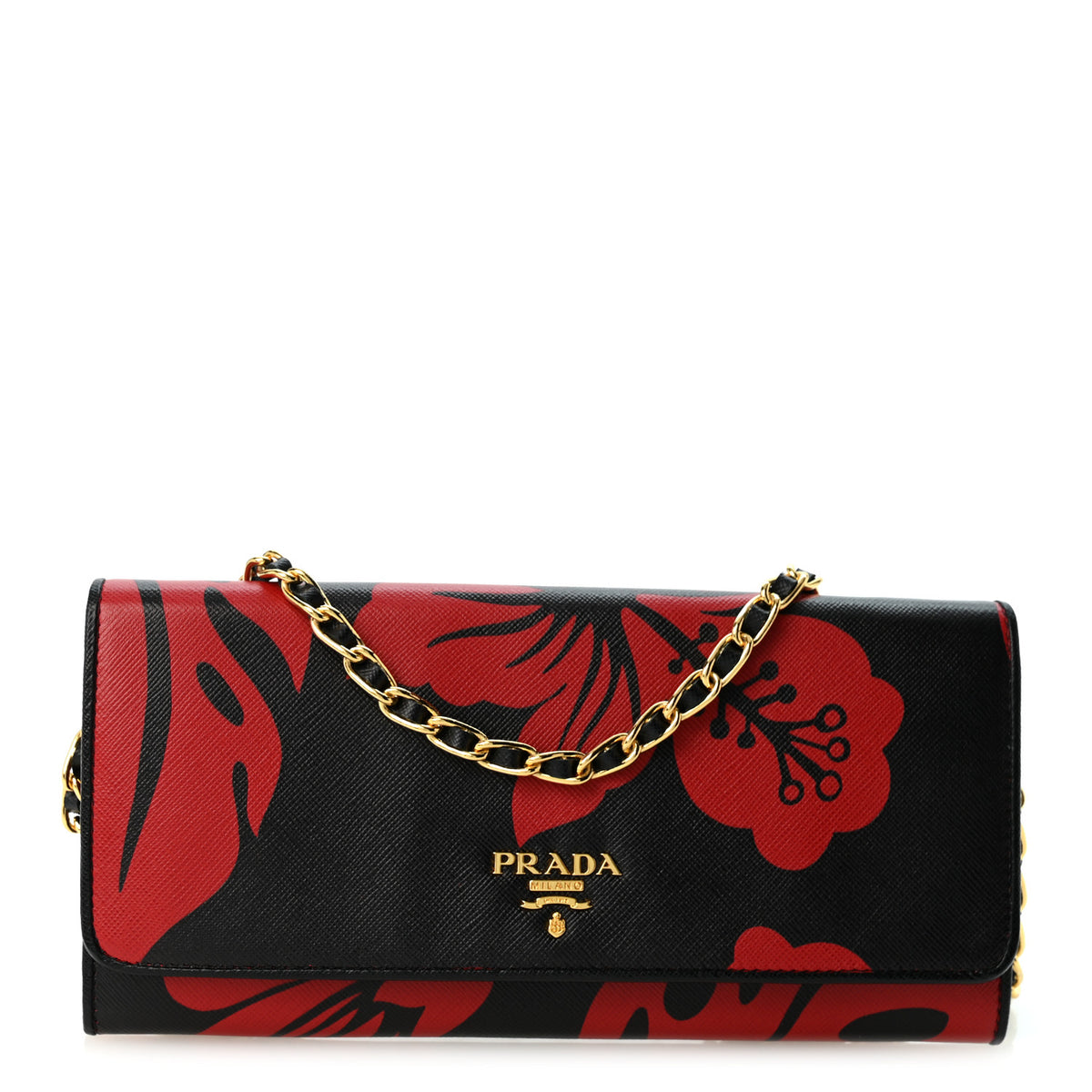 Prada Saffiano Hibiscus Print Oro Chain Wallet Rosso 1 of 9