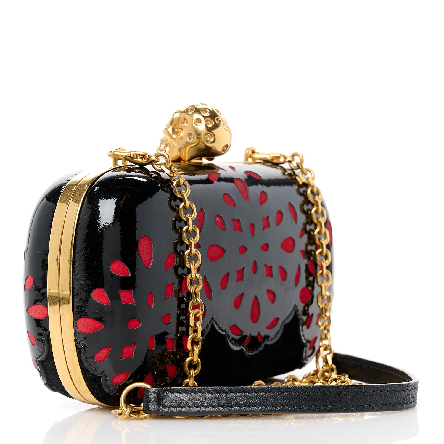 Alexander McQueen Patent Suede Skull Box Clutch Black Red 3 of 10