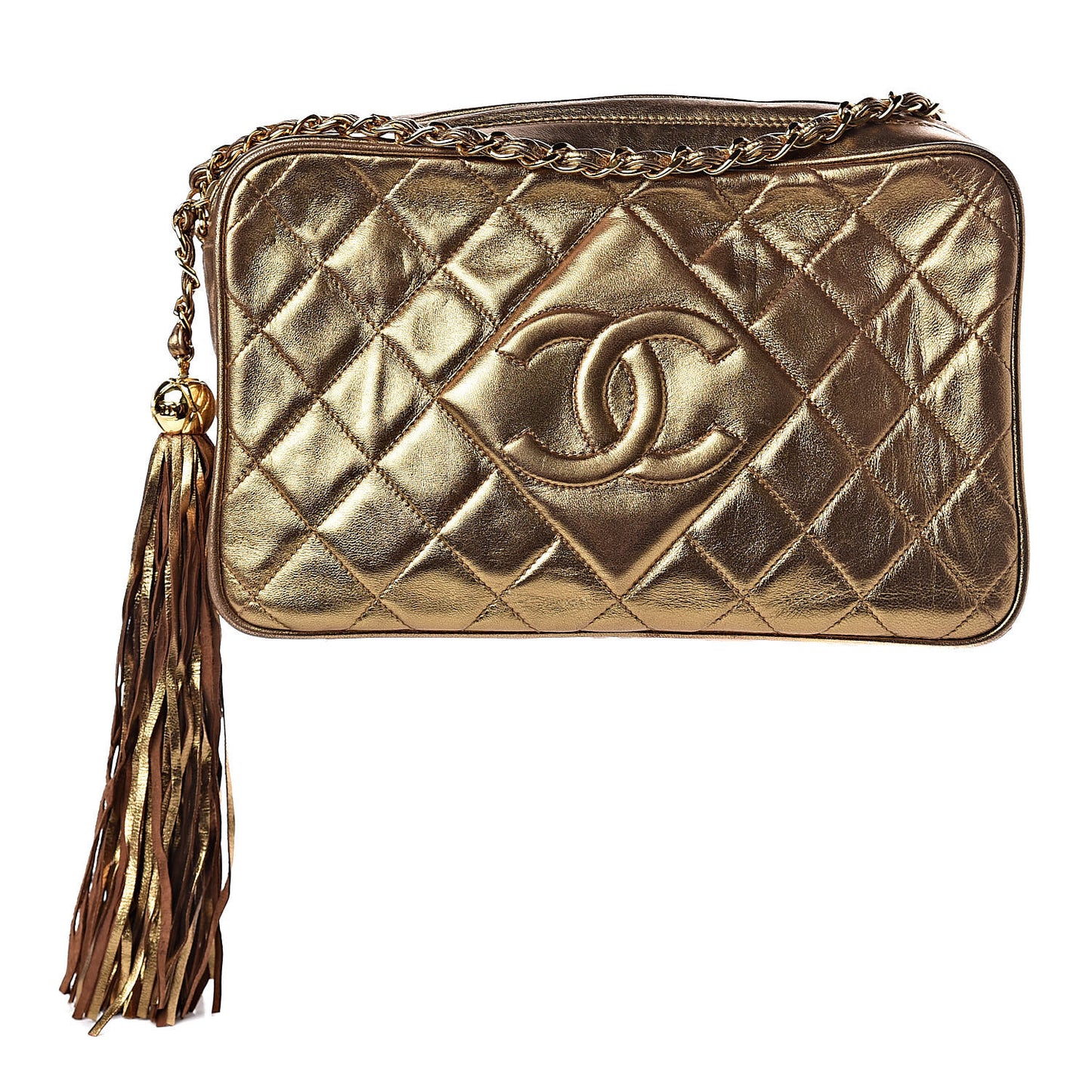 Metallic Lambskin Quilted Tassel Camera Case Gold