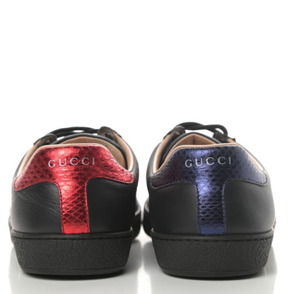 Gucci Miro Soft Calfskin Laminated Ayers Web Bee Embroidered Mens Ace Sneakers 6.5 Black Red Flame Night 5 of 11