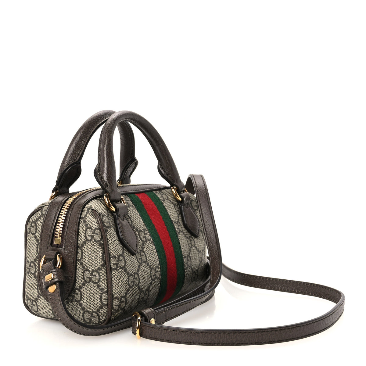 GG Supreme Monogram Textured Dollar Calfskin Web Super Mini Ophidia Top Handle Bowler Bag Beige Ebony New Acero