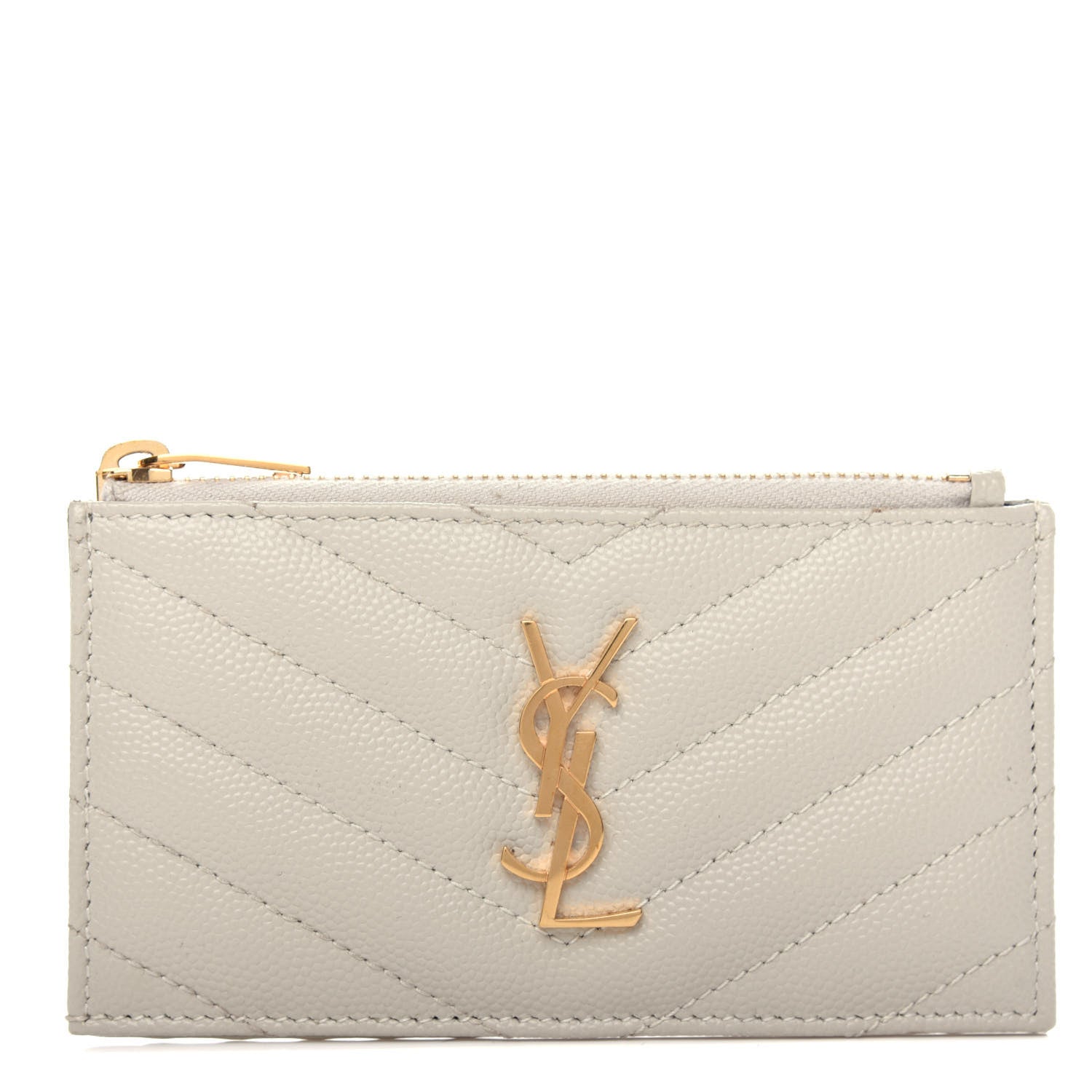 Saint Laurent Grain De Poudre Matelasse Chevron Monogram Fragments Zippered Card Case White 1 of 8