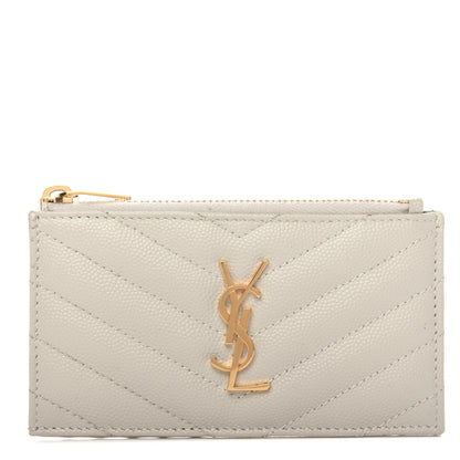 Saint Laurent Grain De Poudre Matelasse Chevron Monogram Fragments Zippered Card Case White 1 of 8
