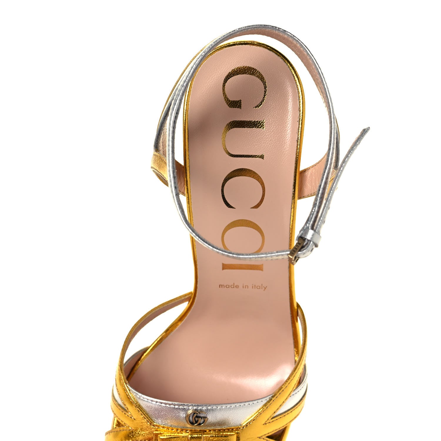 Gucci Metallic Nappa GG Bow Ankle Strap Platform Sandals 40 Gold Silver 7 of 7