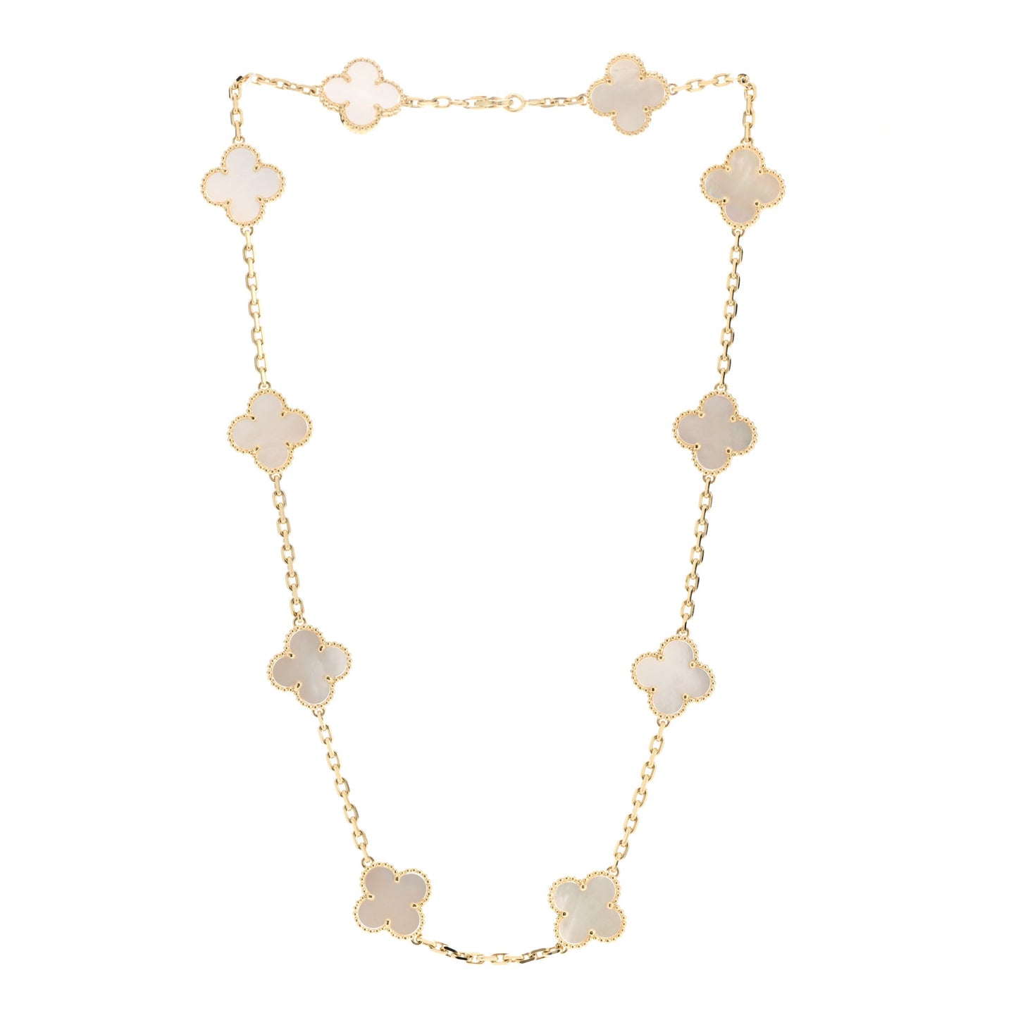 18K Yellow Gold Mother of Pearl 10 Motifs Vintage Alhambra Necklace