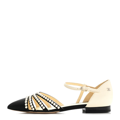 Chanel Lambskin Grosgrain Pearl Slingbacks 37 White Black 1 of 9