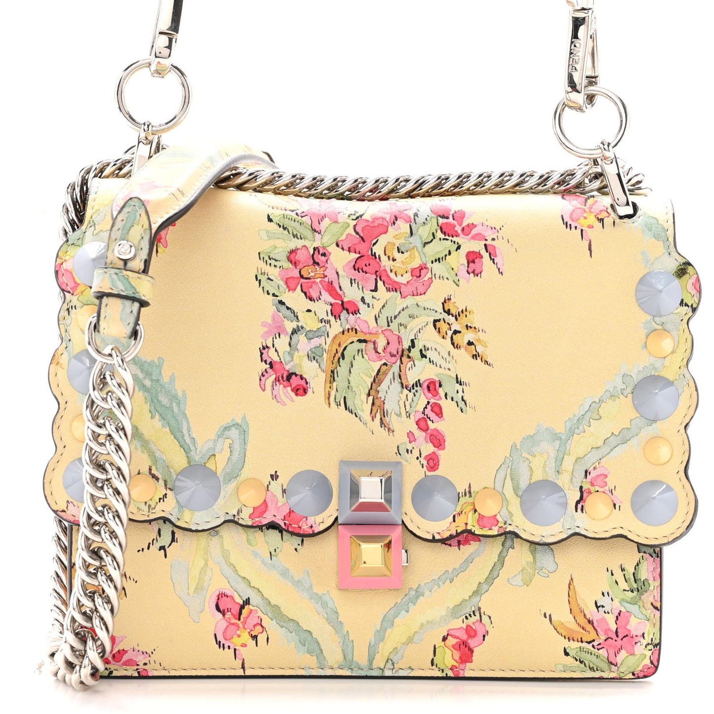 Vitello Marie Antoinette Print Scalloped Mix Studded Small Kan I Shoulder Bag Panna Multicolor
