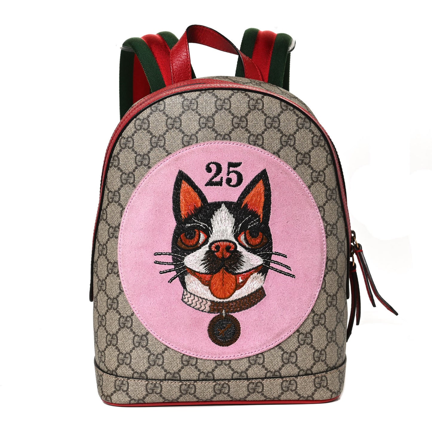 GG Supreme Monogram Web Bosco Patch Dome Backpack Beige Malva Hibiscus Red