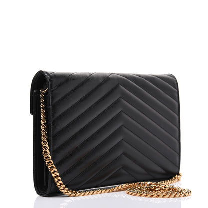 Saint Laurent Grain De Poudre Matelasse Chevron Monogram Chain Wallet Black 3 of 19