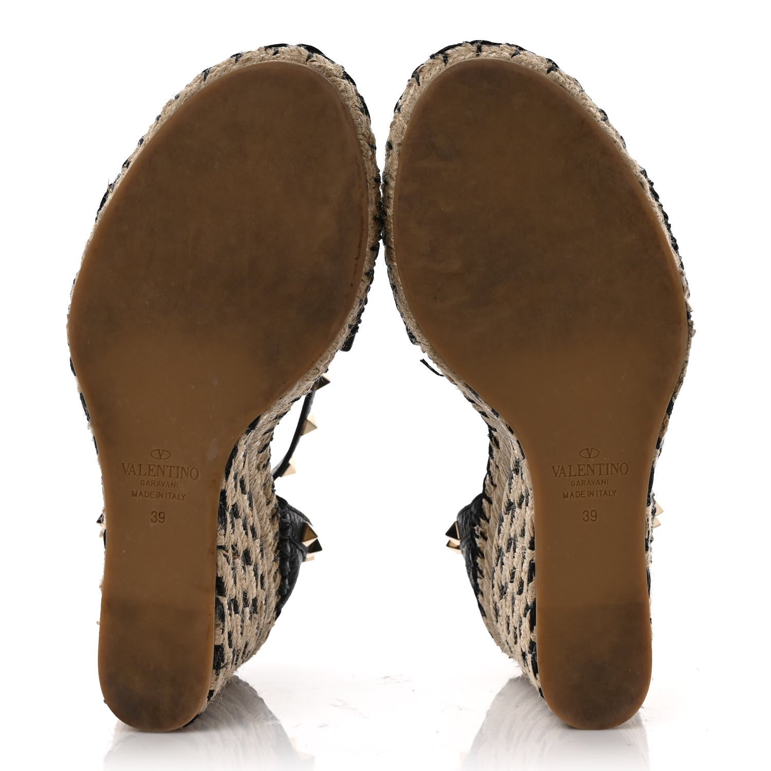 Valentino Garavani Grained Calfskin Rockstud Ankle Strap Espadrille 15/105mm Wedge Sandals 39 Black Natural 5 of 8