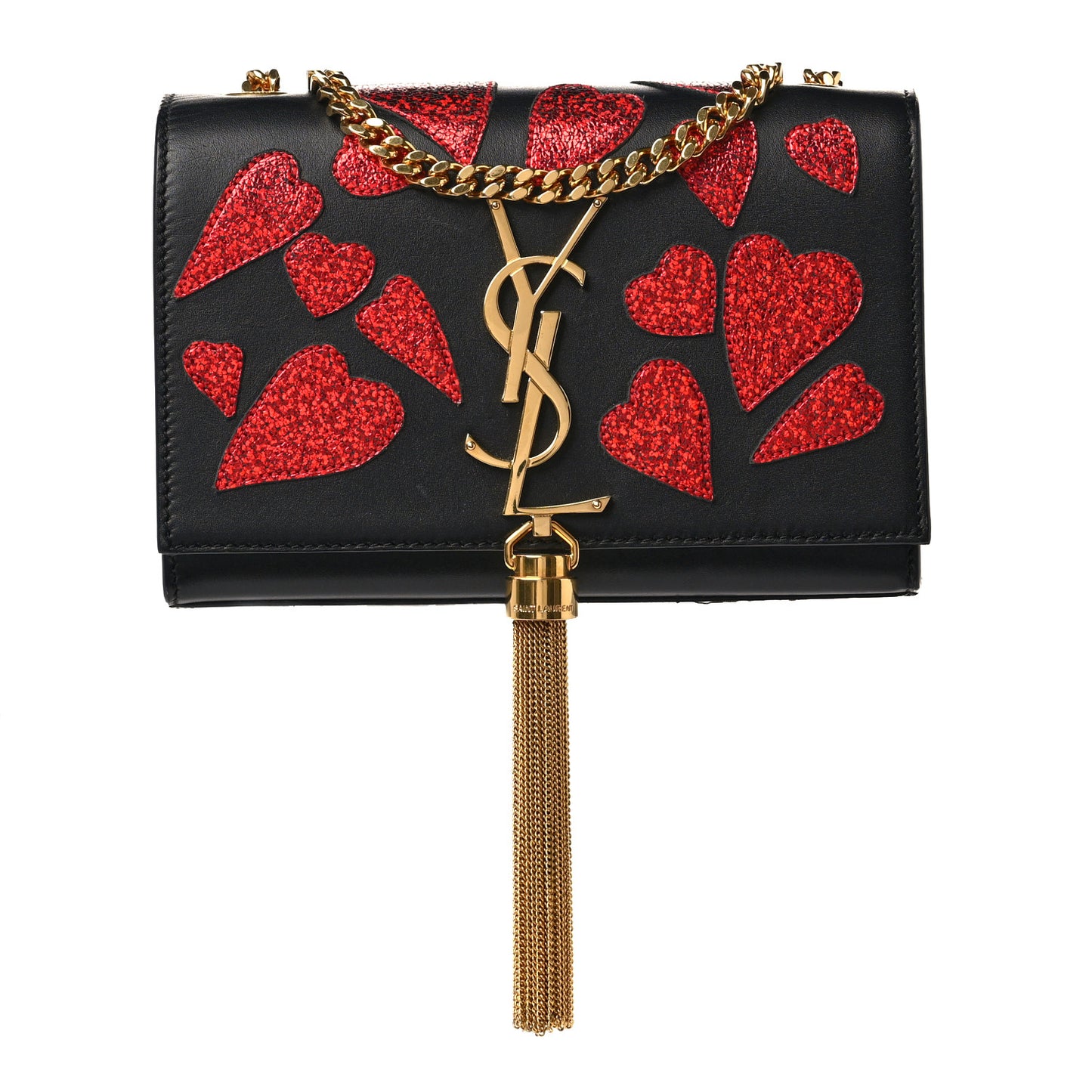 Calfskin Small Monogram Kate Tassel Heart Satchel Black Rouge