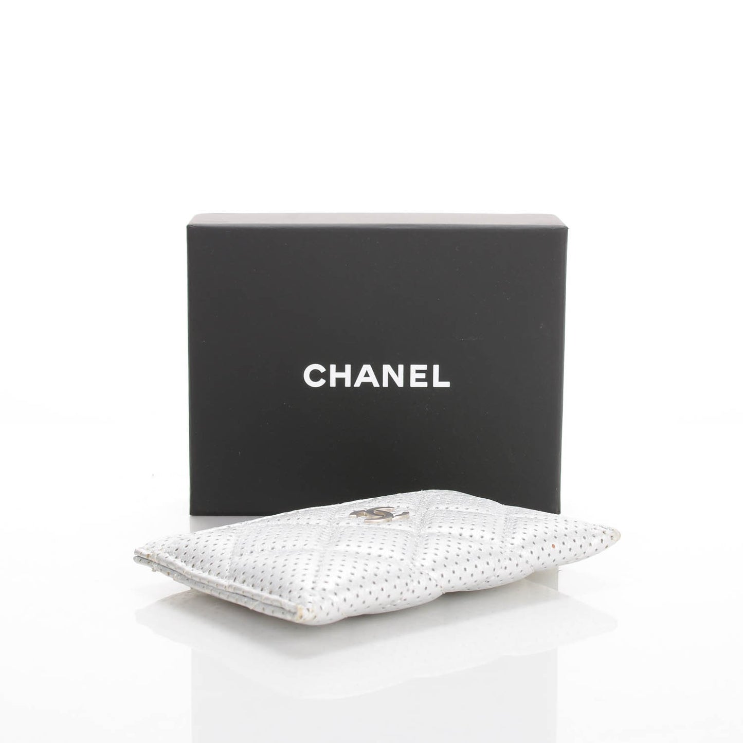 Perforated Lambskin Quilted Card Holder Light Silver
