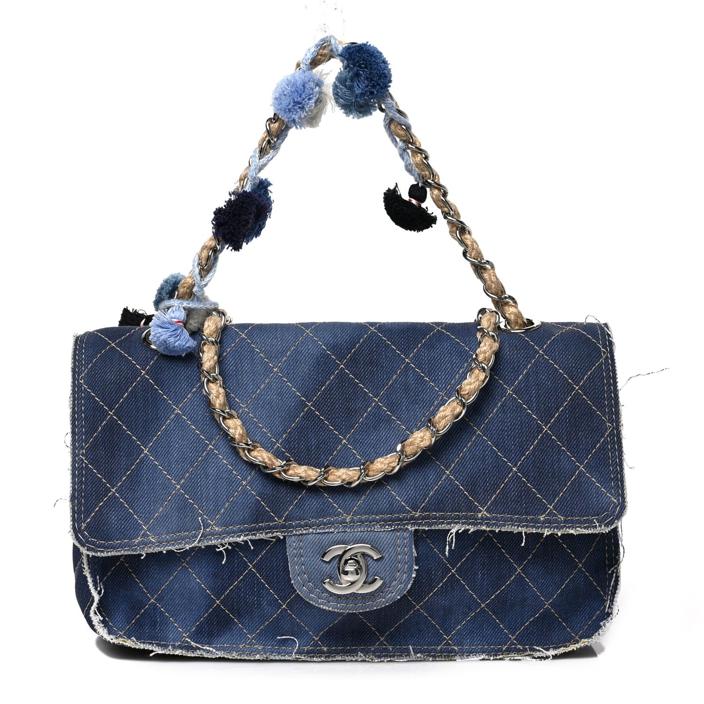 Denim Quilted Medium Pompom Flap Dark Blue