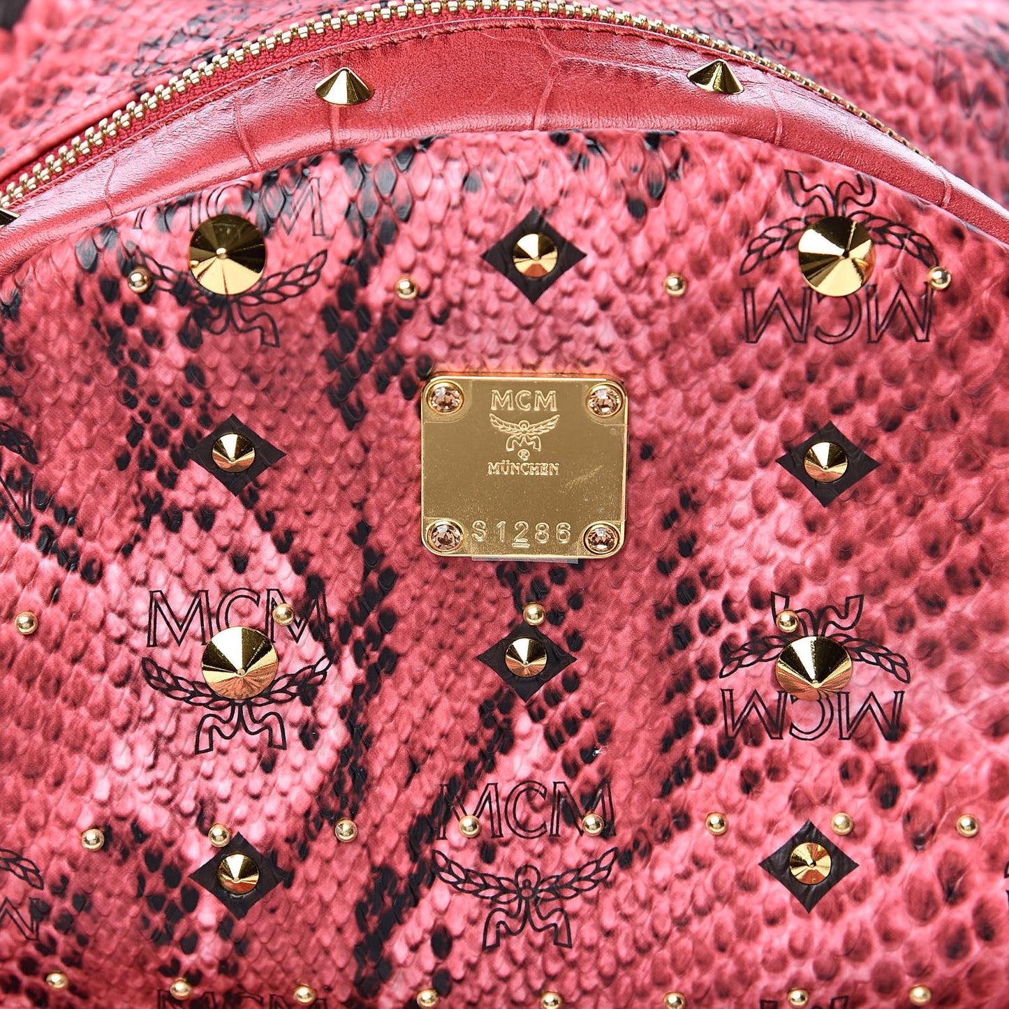 Snakeskin Embossed Visetos Studded Small Stark Backpack Red Pink