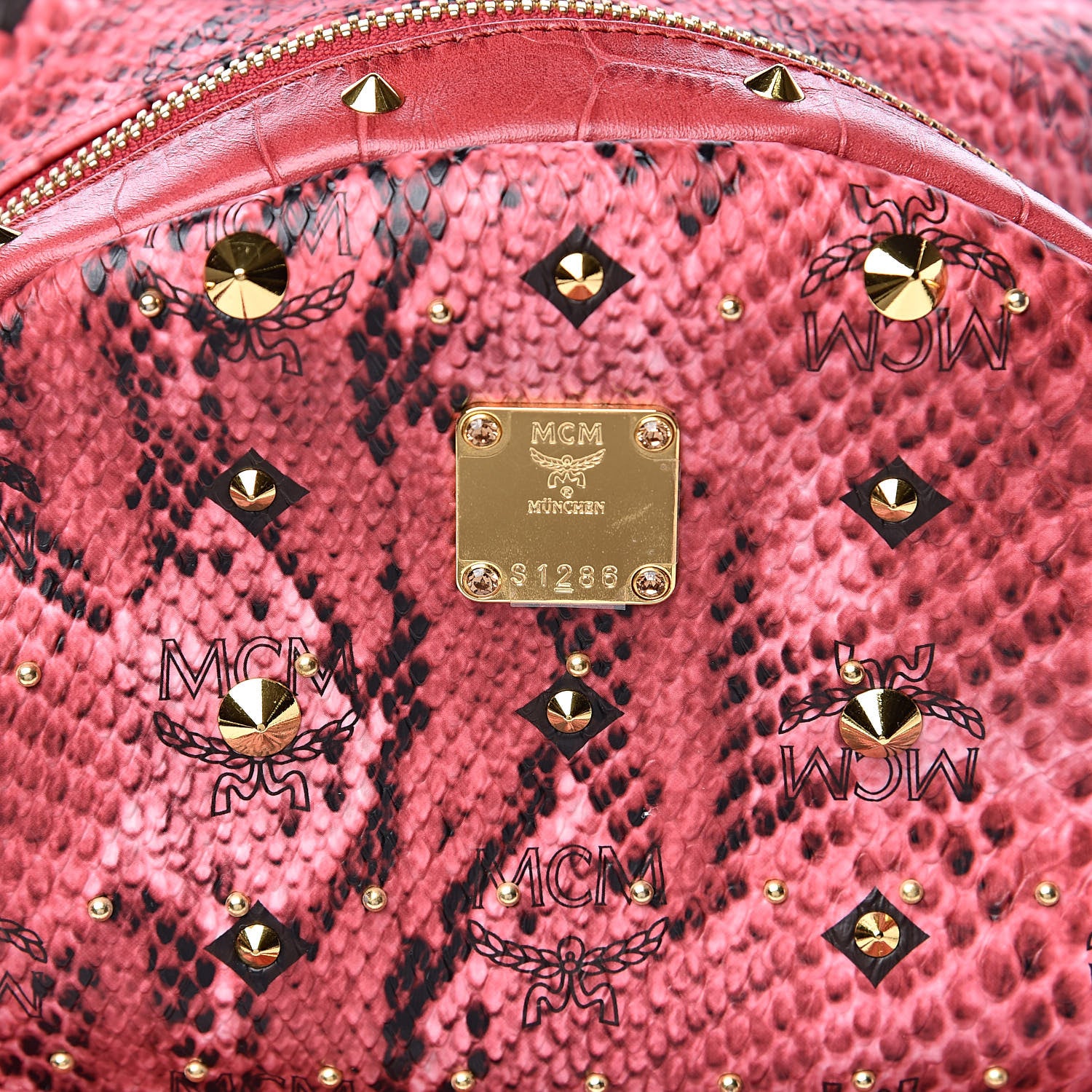 MCM Snakeskin Embossed Visetos Studded Small Stark Backpack Red Pink 9 of 9