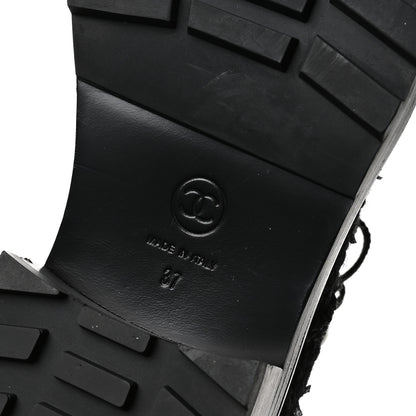 Chanel Tweed Patent Calfskin Pearl Combat Short Boots 37  Black Grey Blue 7 of 8