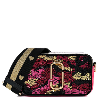 Marc Jacobs Calfskin Velvet Sequin Camouflage Snapshot Camera Bag Red Black 1 of 10