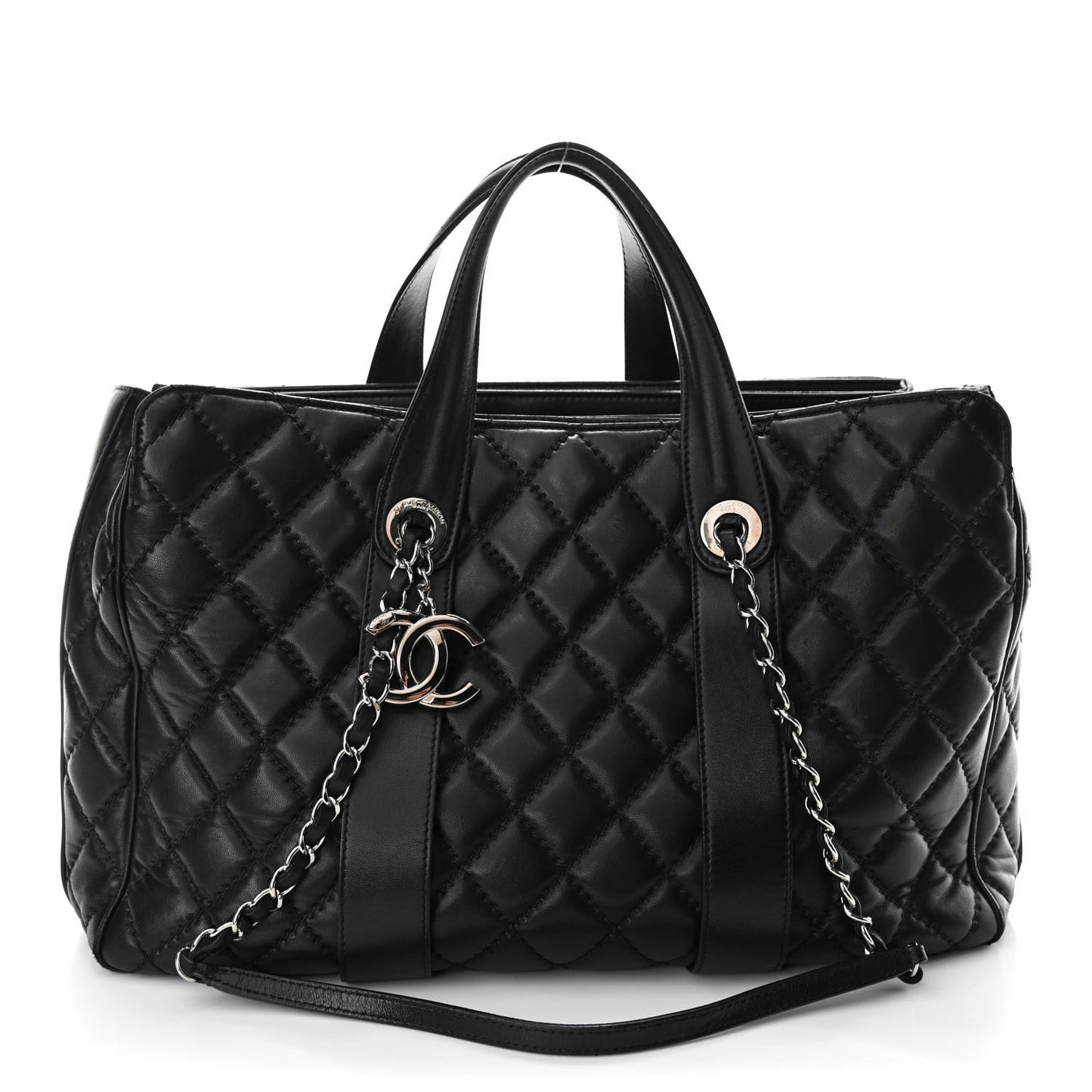 Lambskin Quilted Large Easy Carry Shopping Tote Black