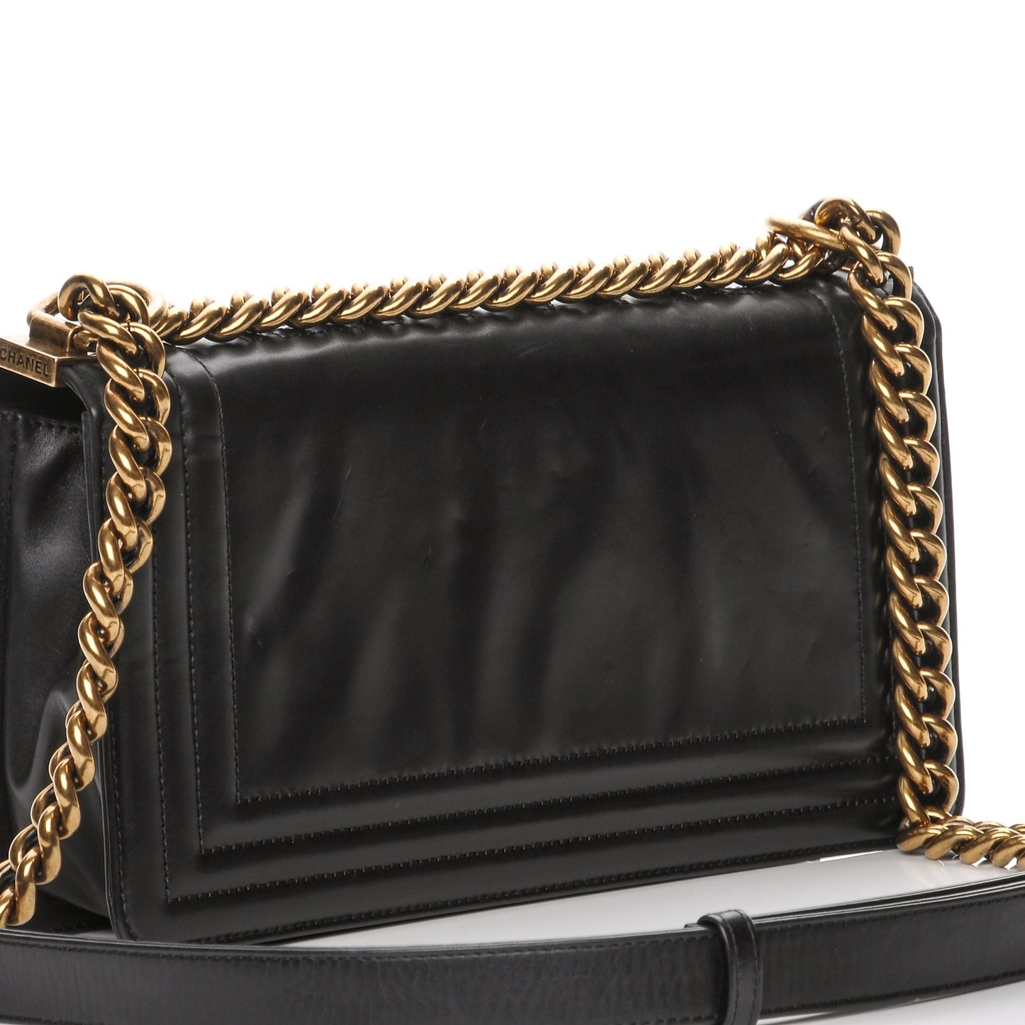 Glazed Calfskin Medium Boy Flap Black