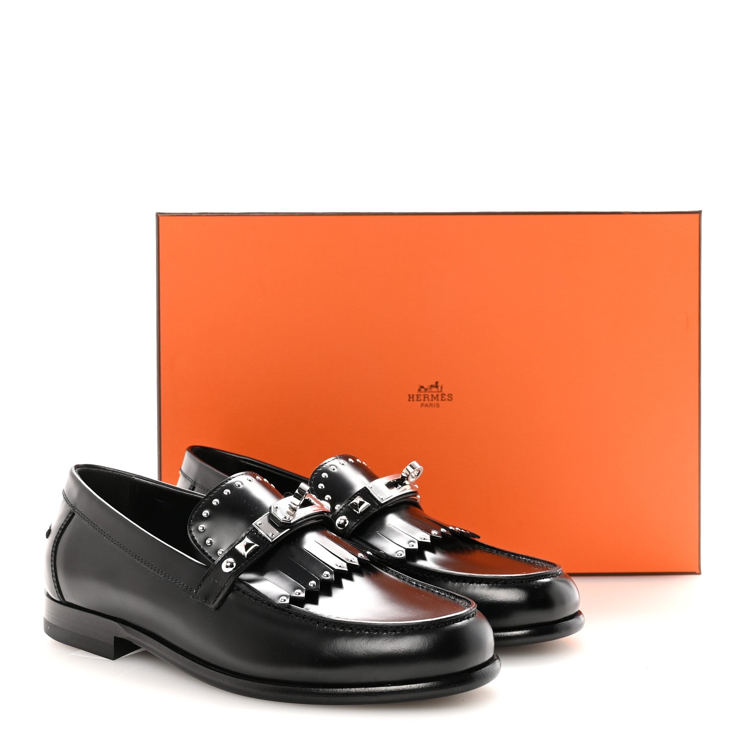 Hermes Glazed Calfskin Medor Studded Fringe Womens Destin Loafer 35 Black 10 of 10
