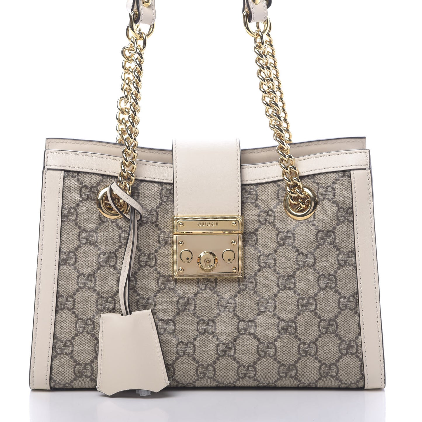 GG Supreme Monogram Moon Calfskin Small Padlock Tote Beige Ebony Mystic White
