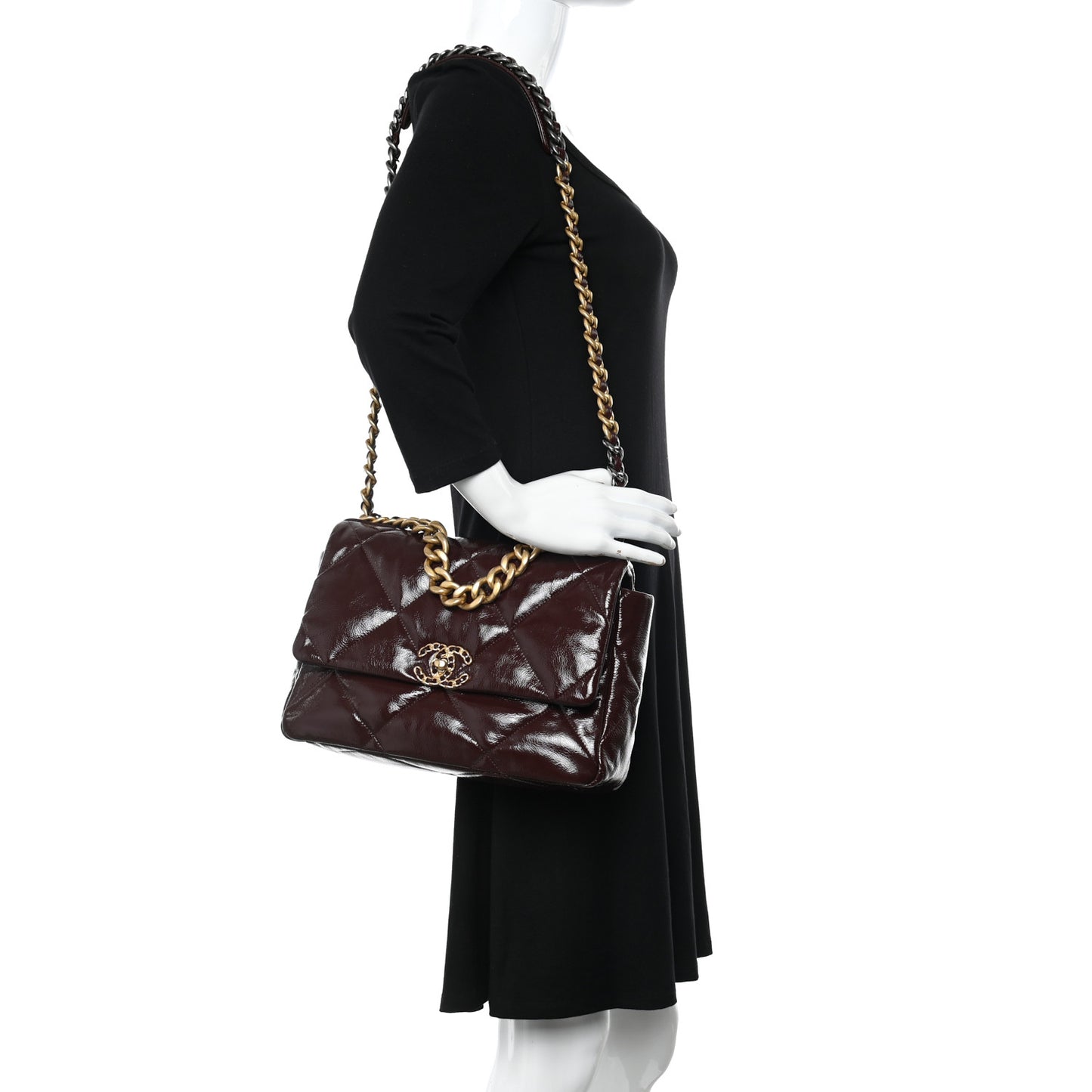 Shiny Crumpled Calfskin Quilted Large Chanel 19 Flap Burgundy