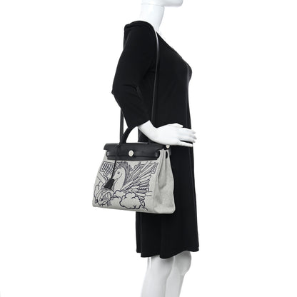Hermes Vache Hunter Toile H Pegase Pop Herbag Zip Retourne 31 PM Bleu Indigo Ecru Black 2 of 13