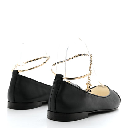 Chanel Lambskin Patent Calfskin Cap Toe Ankle Chain Ballerina Flats 37 Black 4 of 9