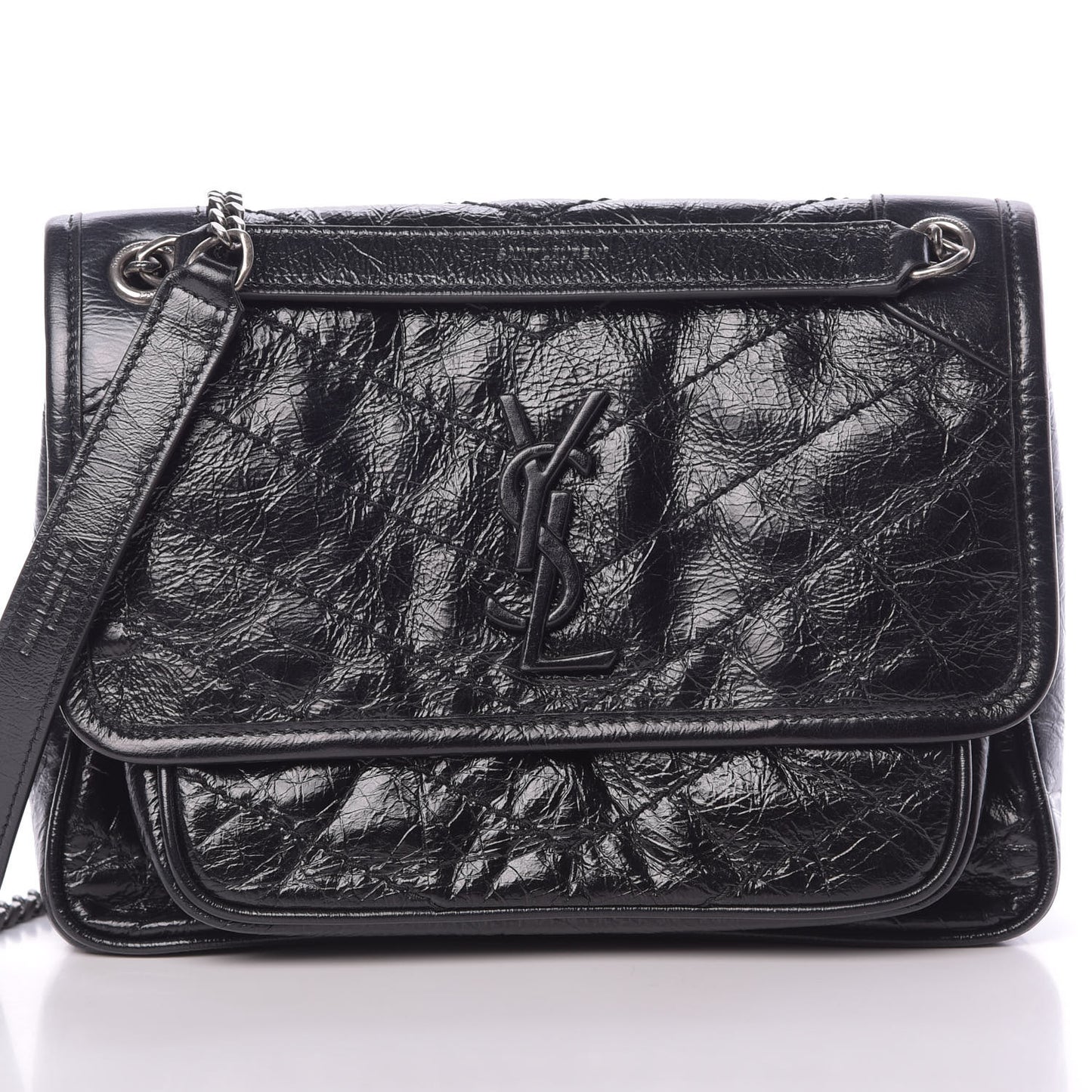 Crinkled Calfskin Matelasse Monogram Baby Niki Chain Satchel Black