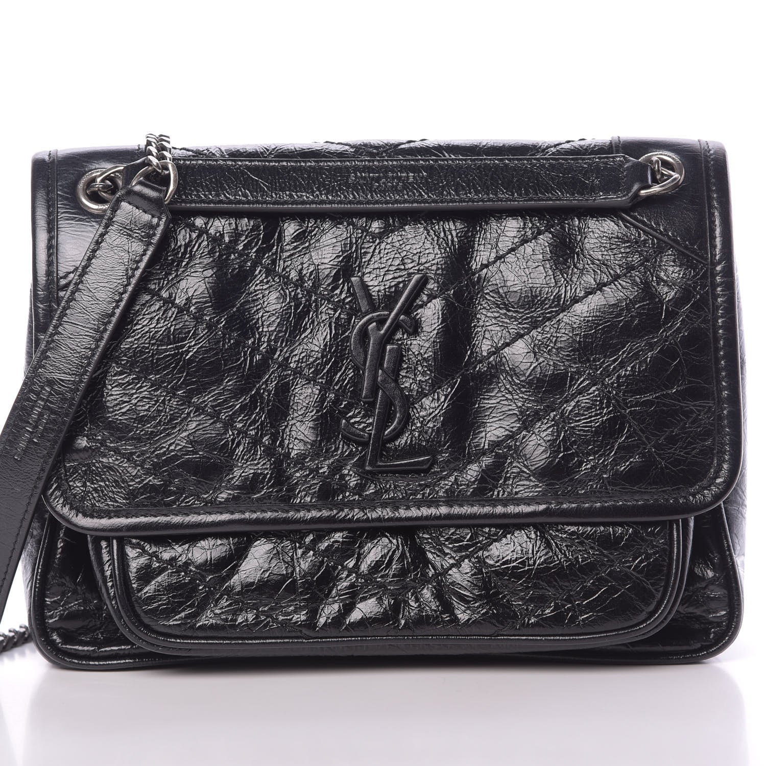 Saint Laurent Crinkled Calfskin Matelasse Monogram Baby Niki Chain Satchel Black 8 of 10
