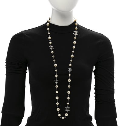 Chanel Graduated Pearl Crystal CC Long Necklace Silver 2 of 6