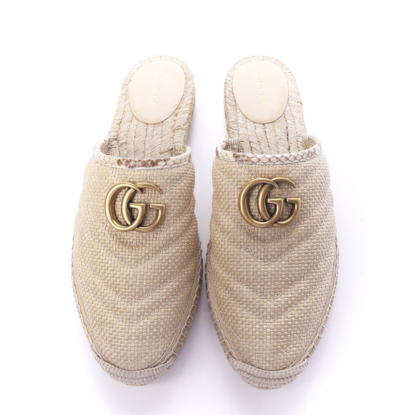 Straw Elaphe Matelasse GG Marmont Espadrille Slippers 39.5 Natural Cream Brown