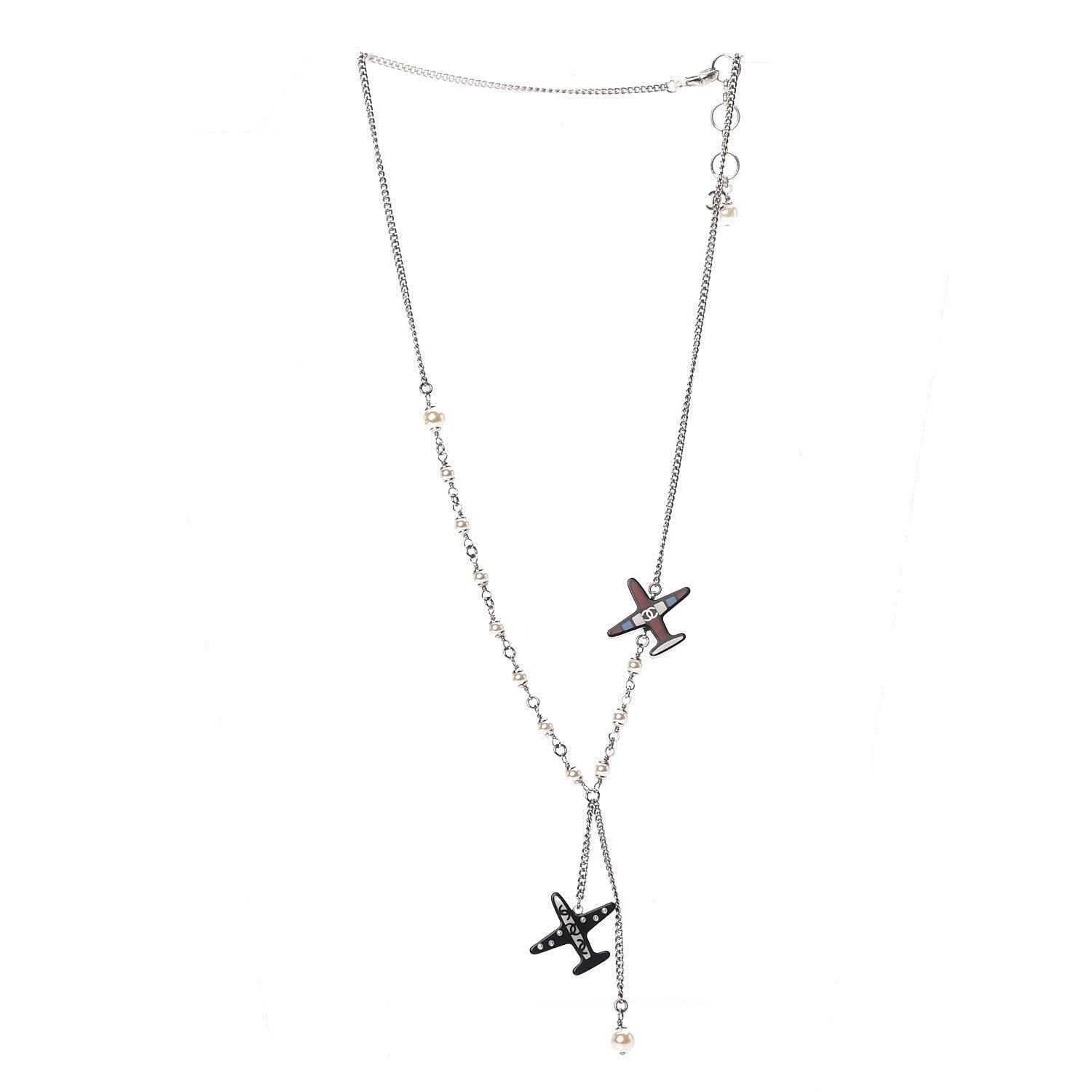 Chanel Resin Pearl Striped Airplane Necklace Black White Multi 3 of 5