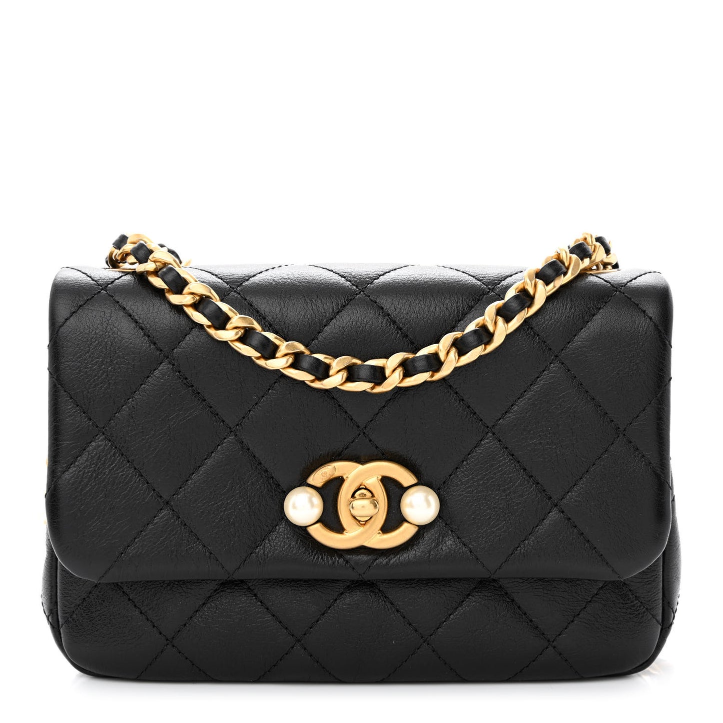 Glazed Calfskin Quilted Mini Pearl Side Flap Black
