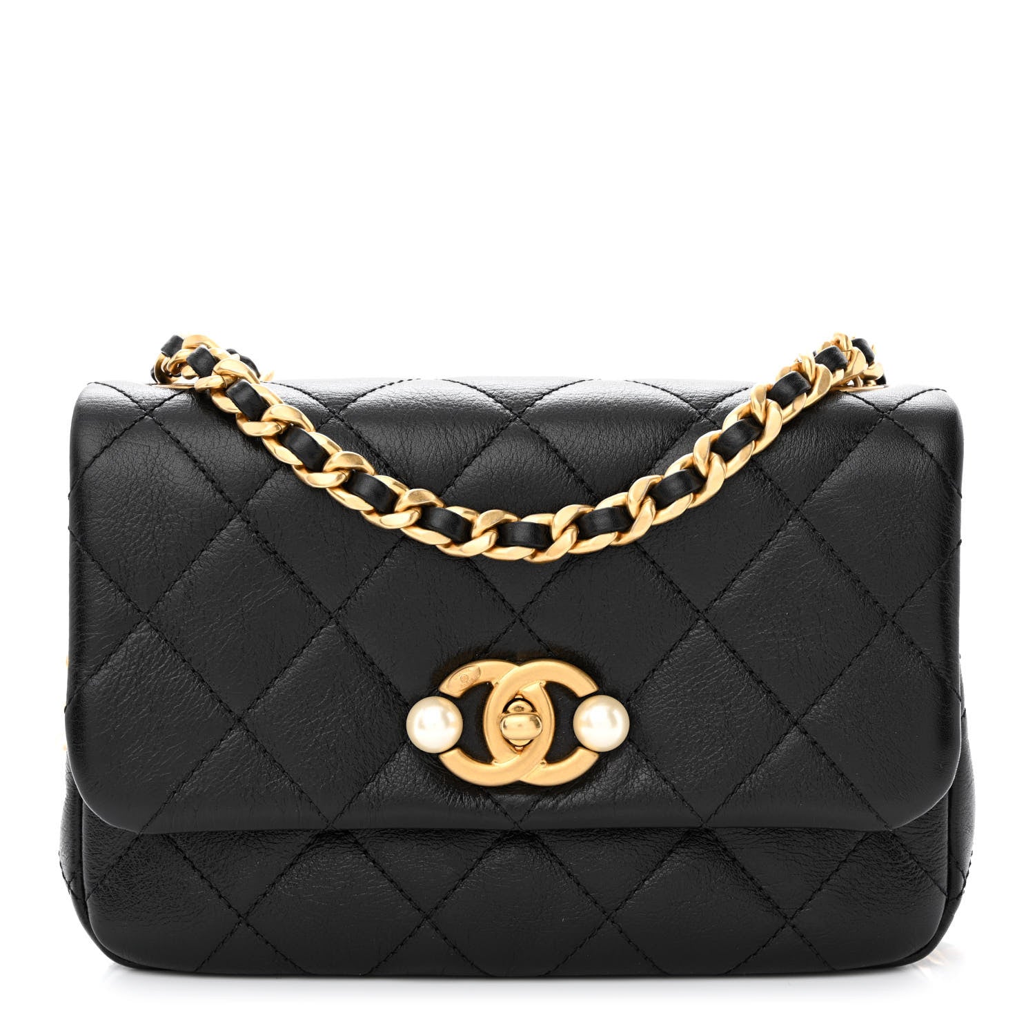 Chanel Glazed Calfskin Quilted Mini Pearl Side Flap Black 1 of 11