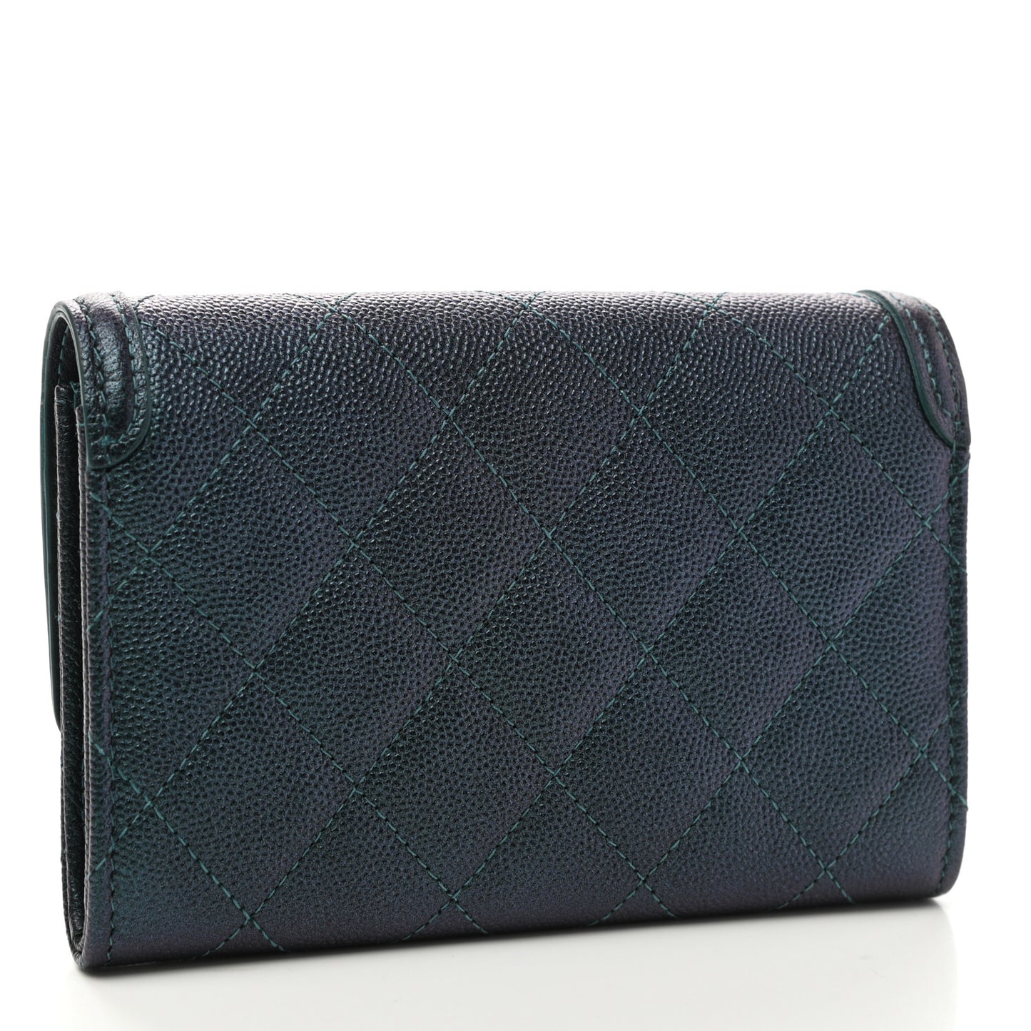 Iridescent Caviar Quilted Medium Filigree Flap Wallet Dark Turquoise