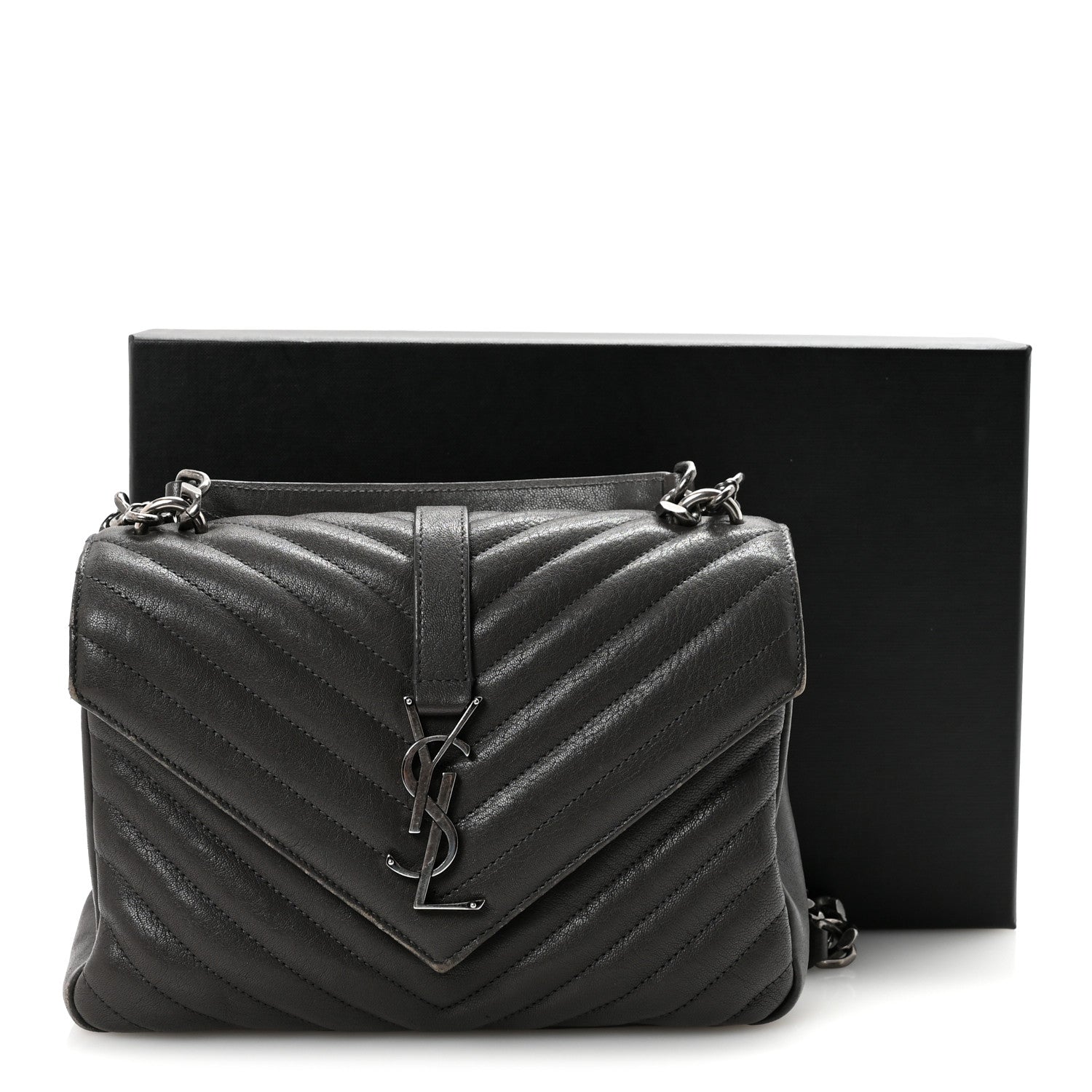 Saint Laurent Sheepskin Matelasse Chevron Monogram Medium College Bag Asphalt 10 of 10