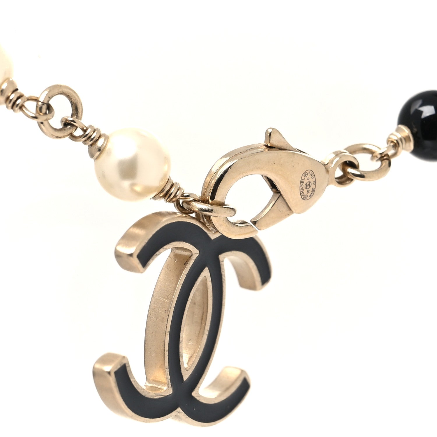 Chanel Resin Pearl Bead CC Logo Necklace Silver Black White 4 of 5