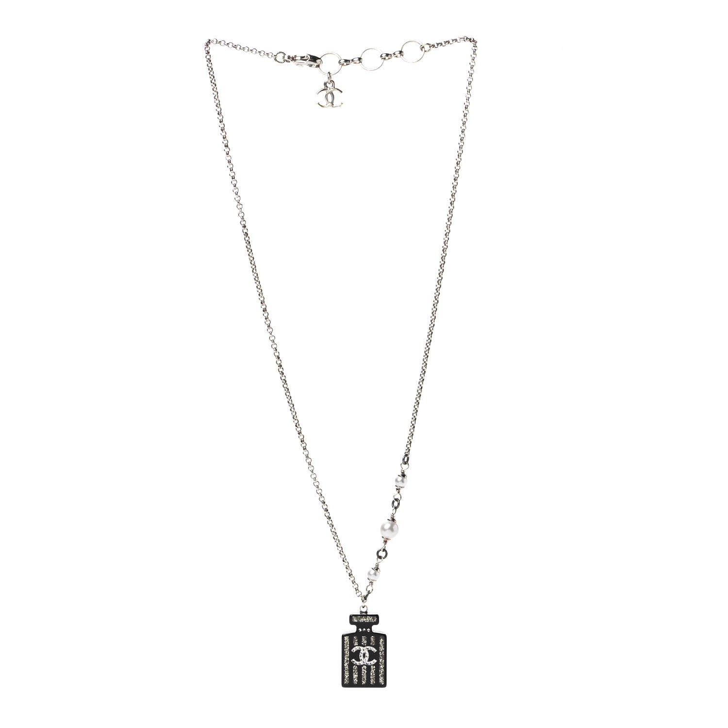 Chanel Resin Strass Perfume Bottle CC Necklace Black Gold 2 of 5