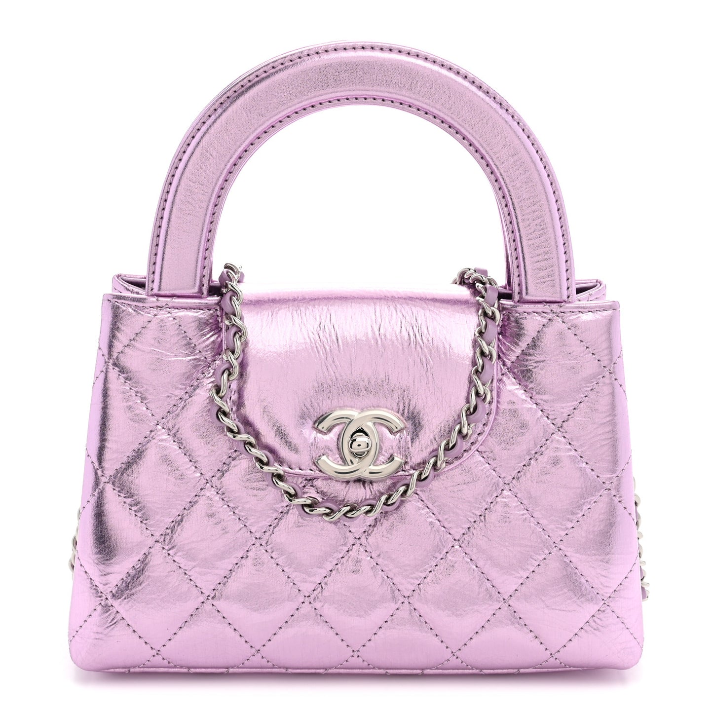 Metallic Aged Calfskin Quilted Nano Kelly Shopper Pink