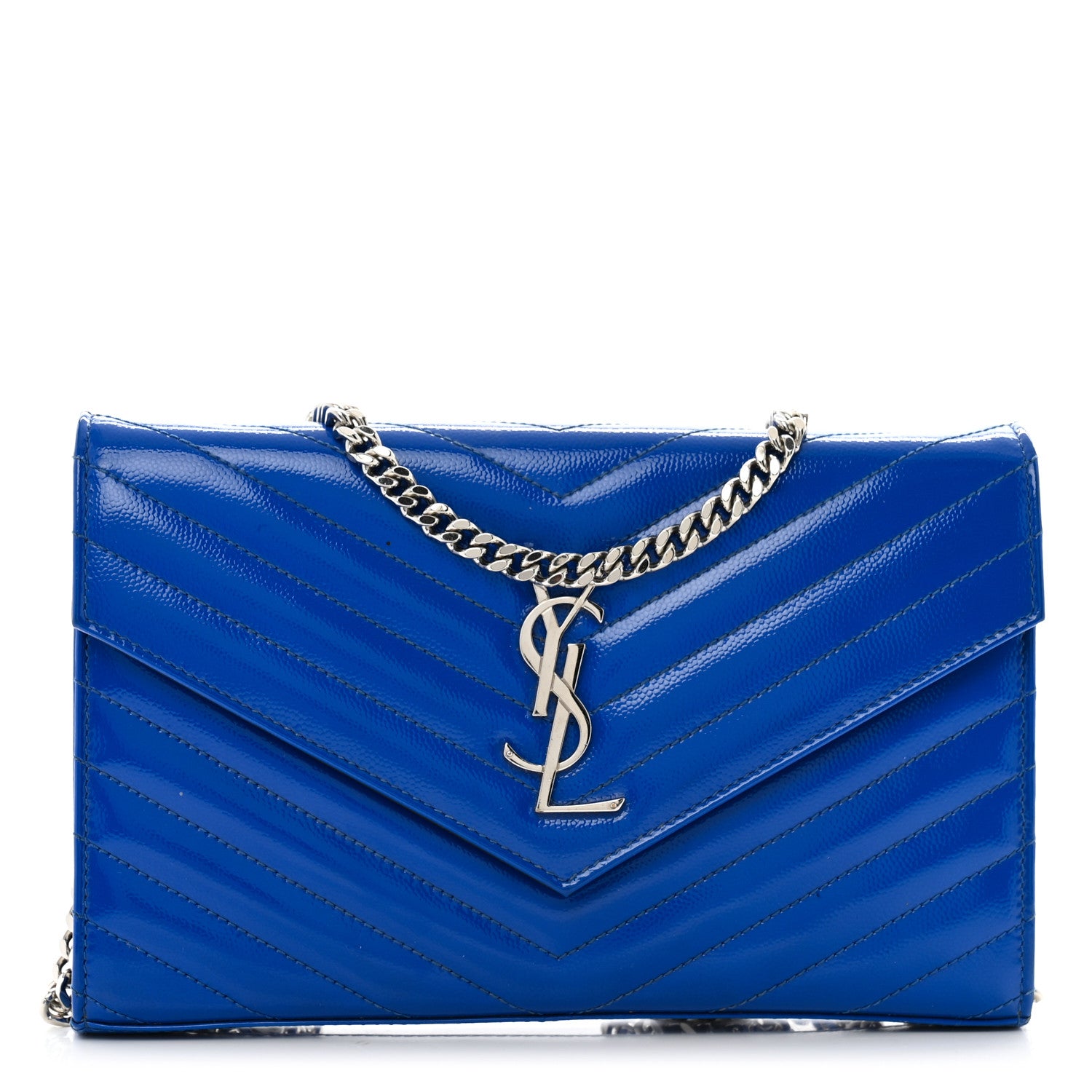 Saint Laurent Patent Grain De Poudre Matelasse Chevron Monogram Chain Wallet Blue Majorelle 1 of 16