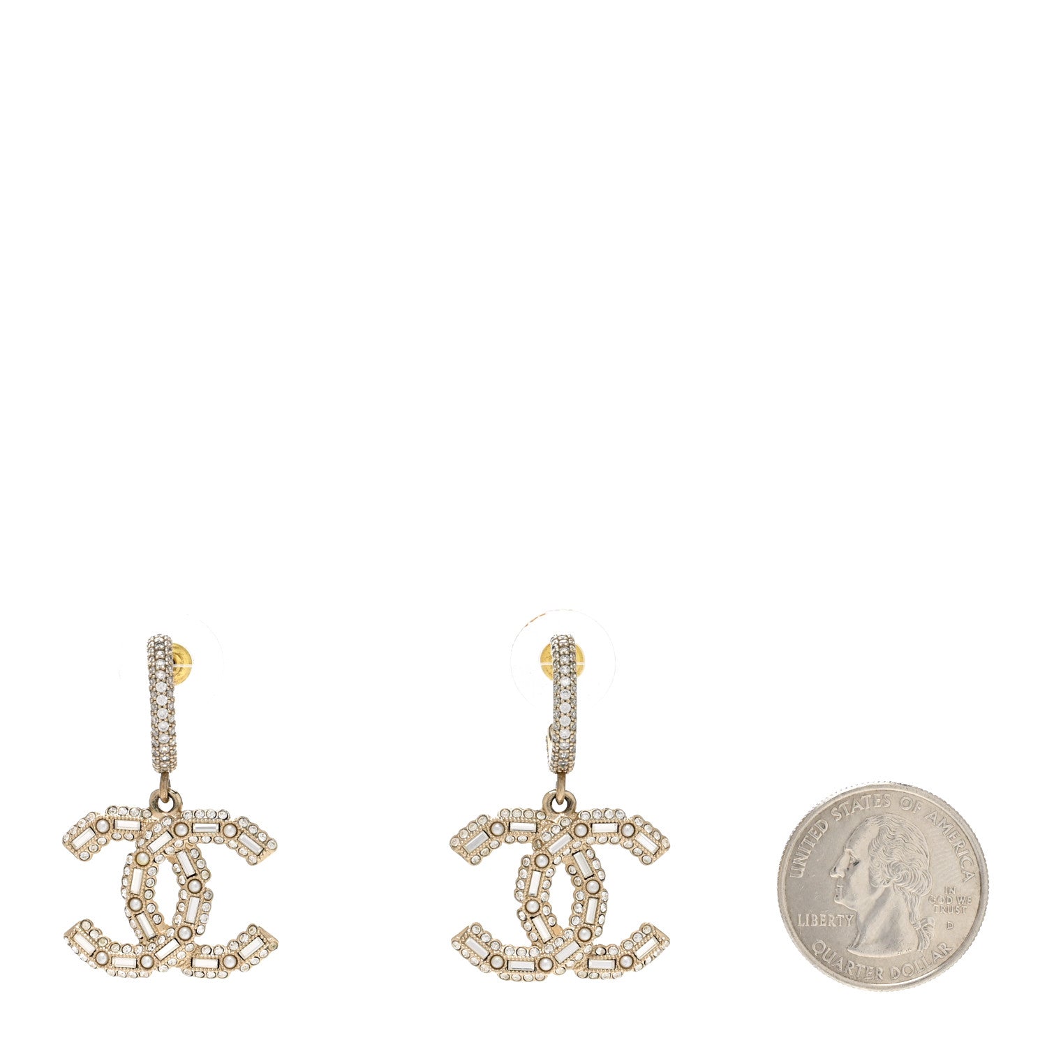 Chanel Crystal Baguette Pearl CC Drop Hoop Earrings Gold Pearly White 2 of 5