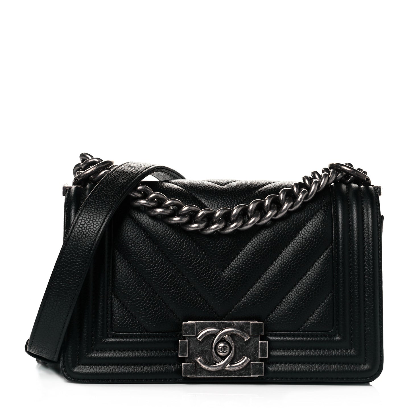 Caviar Chevron Quilted Small Boy Flap Black