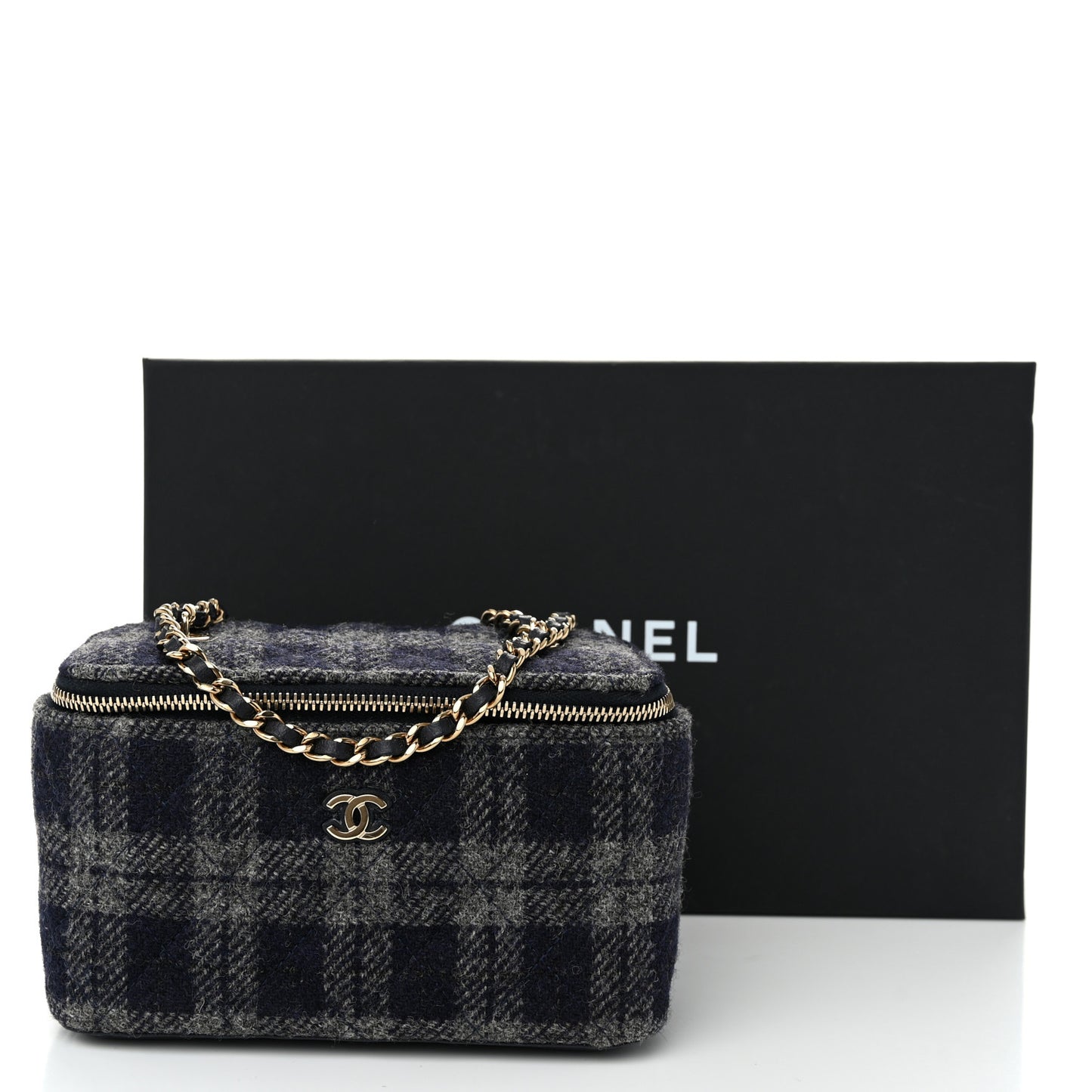 Wool Plaid Quilted Small Vanity Case With Chain Blue