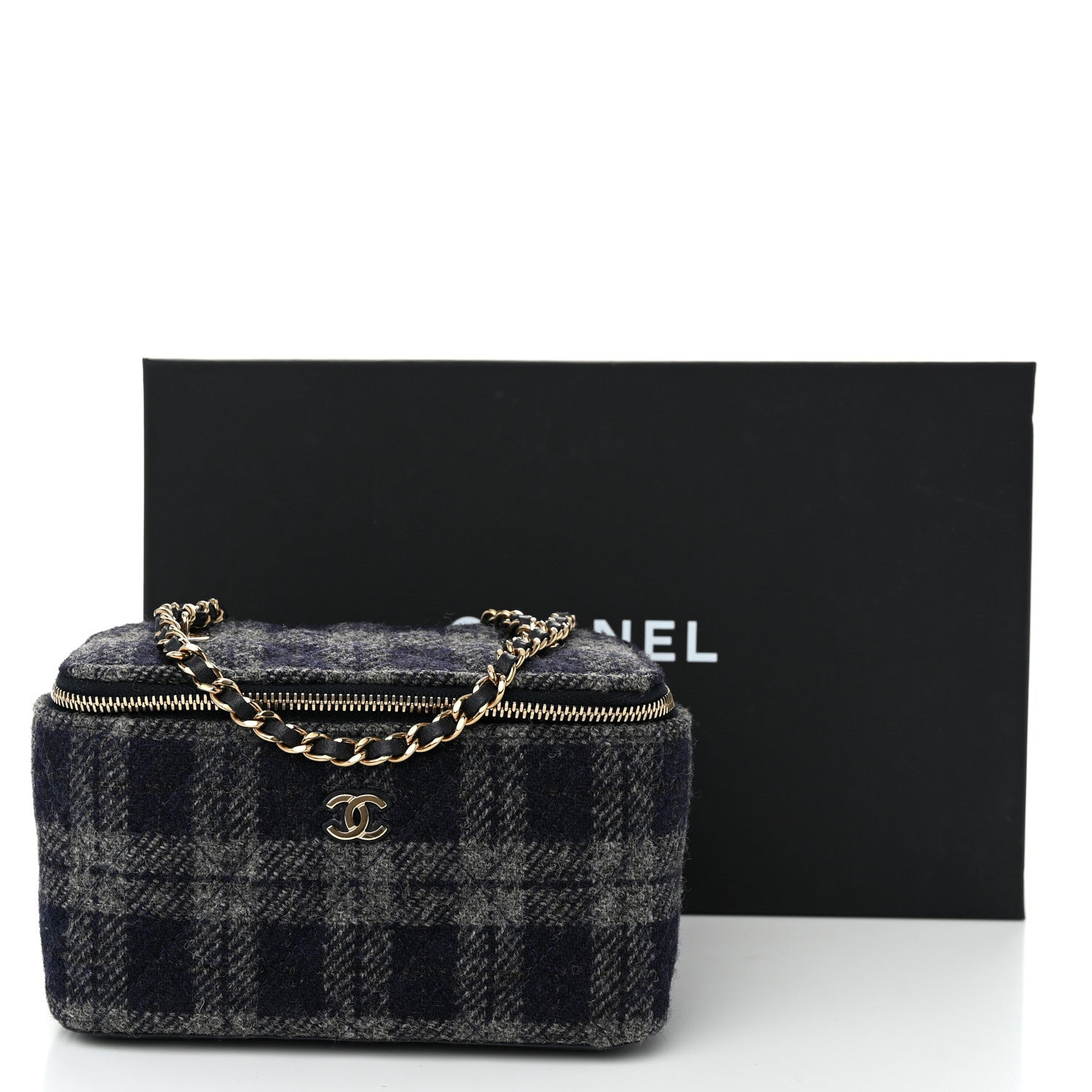 Chanel Wool Plaid Quilted Small Vanity Case With Chain Blue 11 of 11